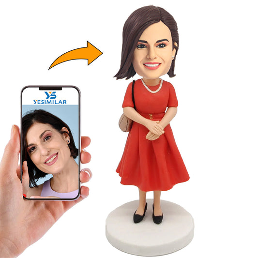 Handcraft Female Wearing Red Dress And Carrying Bag Custom Bobbleheadss