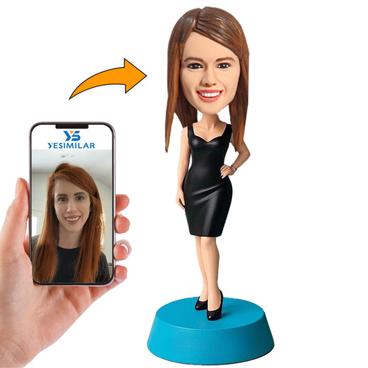 Handcraft Fashion Woman In Dark Black Dress Custom Bobbleheadss