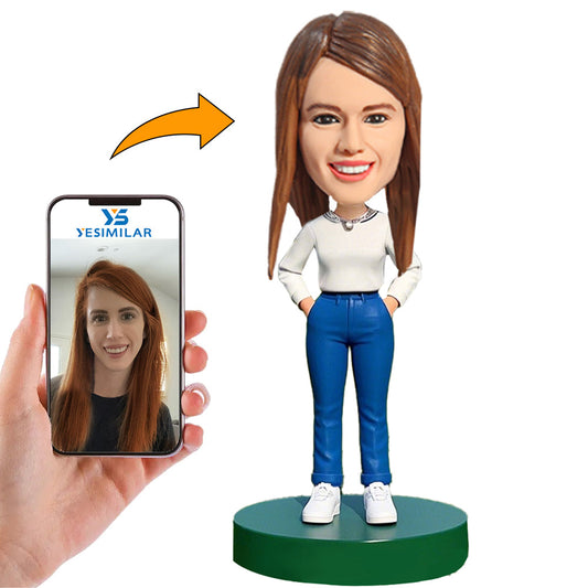Handcraft Casual Woman In White Top And Blue Pants Custom Bobbleheadss