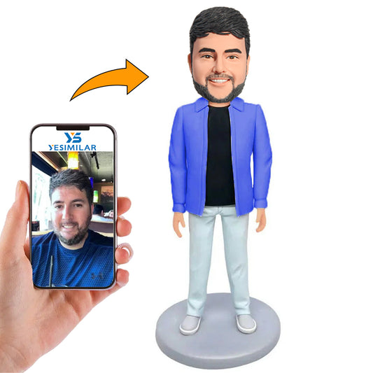Casual Man in Blue Jackets Custom Bobbleheads