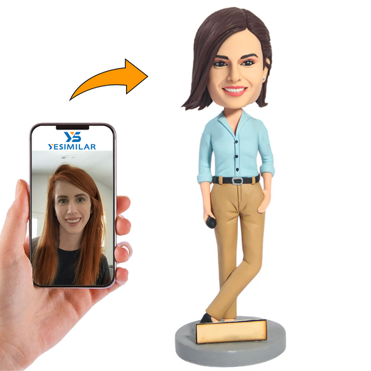 Woman in Light Blue Shirt Custom Bobbleheads