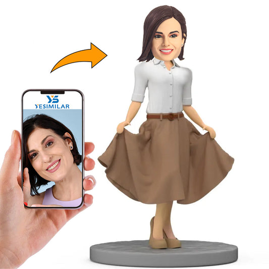 Handcraft Fashionable Woman In Brown Skirt Custom Bobbleheadss
