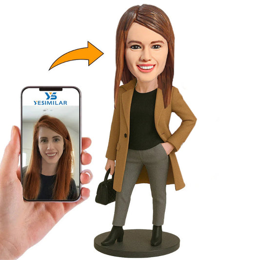 Handcraft Fashion Woman Wearing Brown Coat Holding Bag Custom Bobbleheads