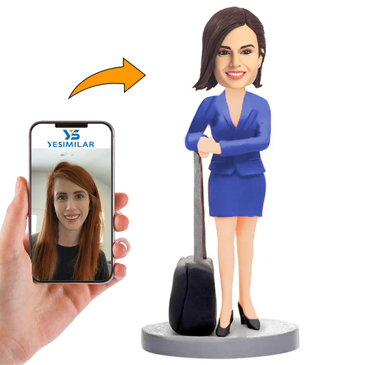 Woman in Blue Suit Holding Suitcase Custom Bobbleheads