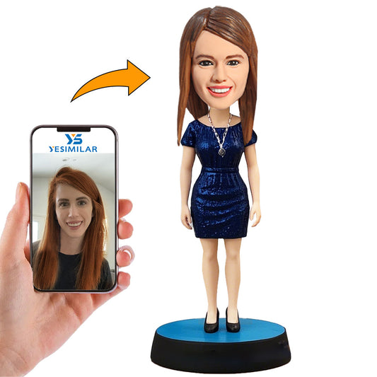 Handcraft Woman In Dark Blue Dress Custom Bobbleheadss