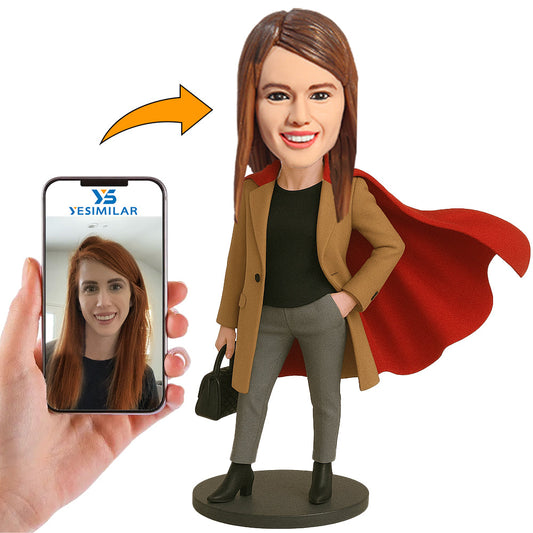 Handcraft Fashion Woman Wearing Brown Coat And Cape Holding Bag Custom Bobbleheads