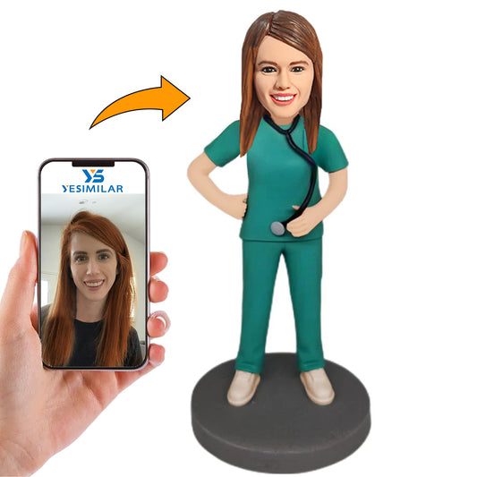 Female Doctor in Green Surgical Gown Custom Bobbleheads
