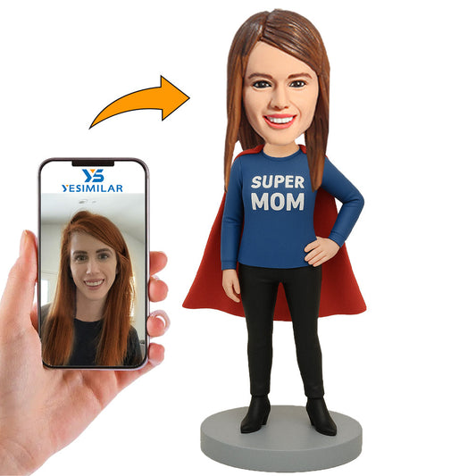 Handcraft Super Mom In Blue Dress And Cape Custom Bobblehead