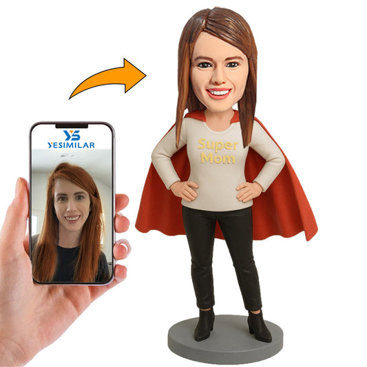 Handcraft Super Mom In Beige Clothes And Cape Custom Bobblehead
