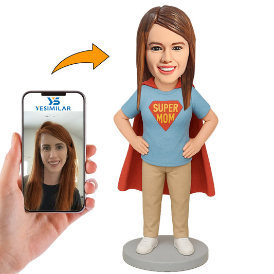 Handcraft Mother's Day Gifts Mom in Light Blue Shirt Super Mom Custom Bobbleheads