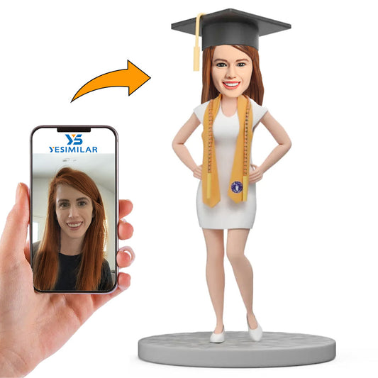 Handicraft Female Graduate Wearing An Yellow Graduation Stole Custom Bobbleheads