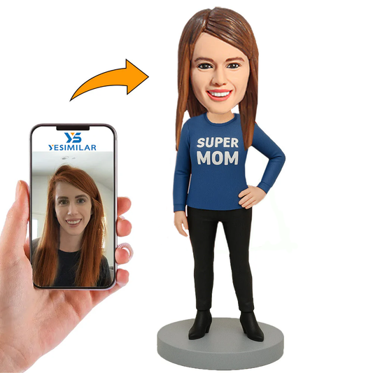 Handcraft Super Mom In Blue Dress Custom Bobbleheads