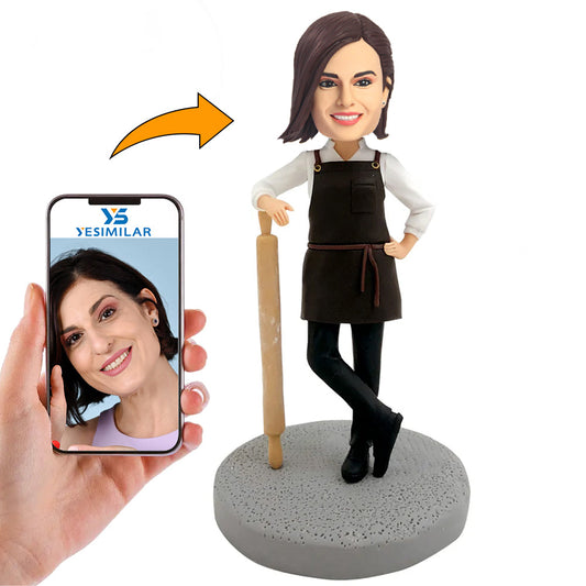 Handcraft Mother Leans On Rolling Pin With Handles Custom Bobbleheadss