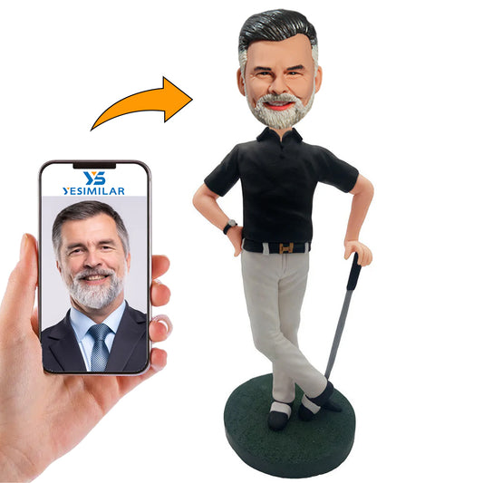Black Shirt Golfer with Golf Bags Custom Bobbleheads