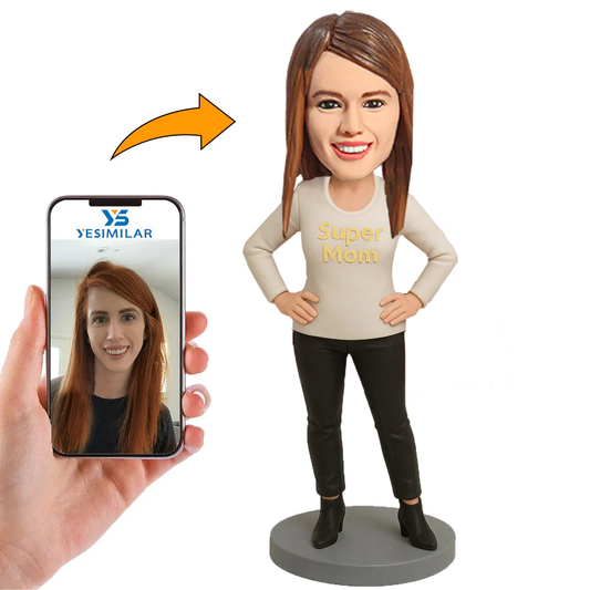 Handcraft Super Mom In Beige Clothes Custom Bobbleheads