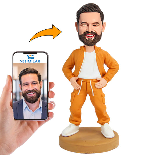Orange Hoodie Casual Man Custom Bobbleheads Personalized Figure
