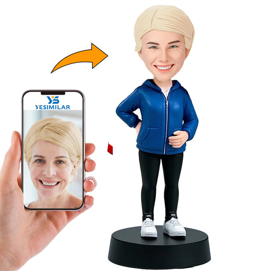 Handcraft Casual Woman in Blue Jacket Custom Bobbleheads