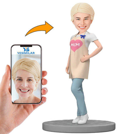 Handmade Woman Wearing Mom Apron With Heart Pattern Custom Bobbleheads