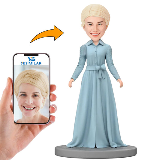 Handmade Fashion Woman In Long Blue Dress Custom Bobbleheads