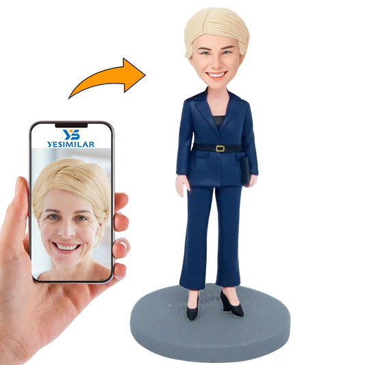 Handmade Woman In Dark Blue Suit Custom Bobbleheads