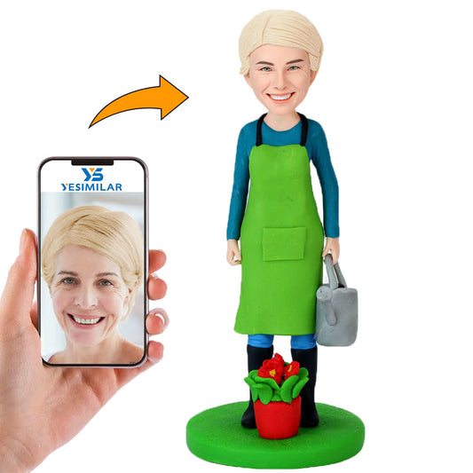 Handmade Medical Woman In Green Apron Watering Flowers Custom Bobbleheads