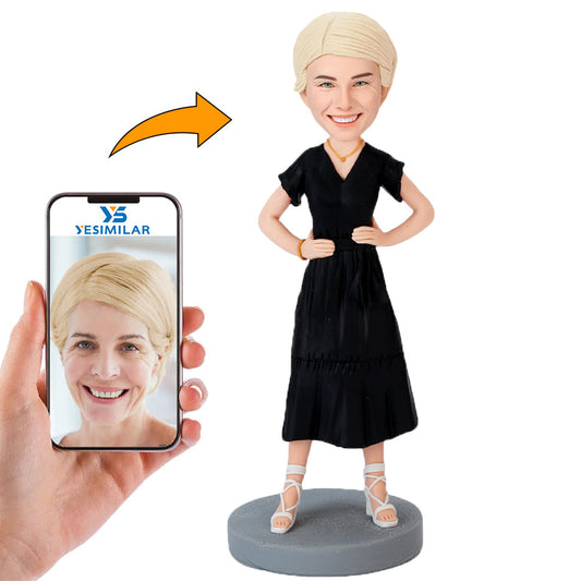 Handmade Woman In Black Dress With Arms Akimbo Custom Bobbleheads