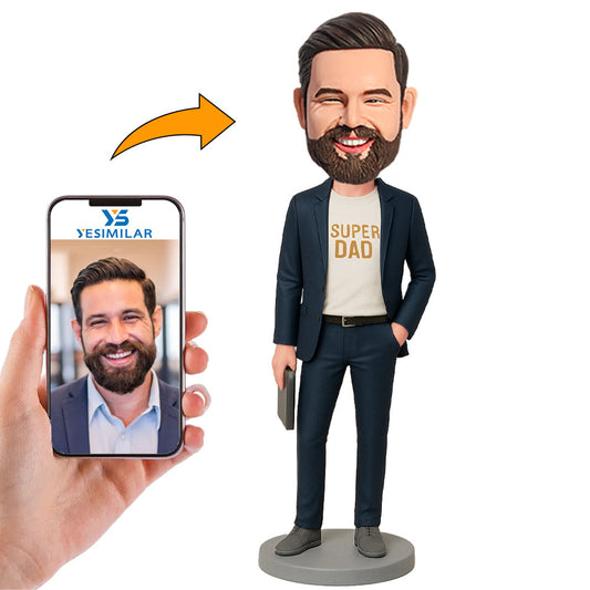 Handcraft Super Dad Boss Holding Tablet Custom Bobbleheads
