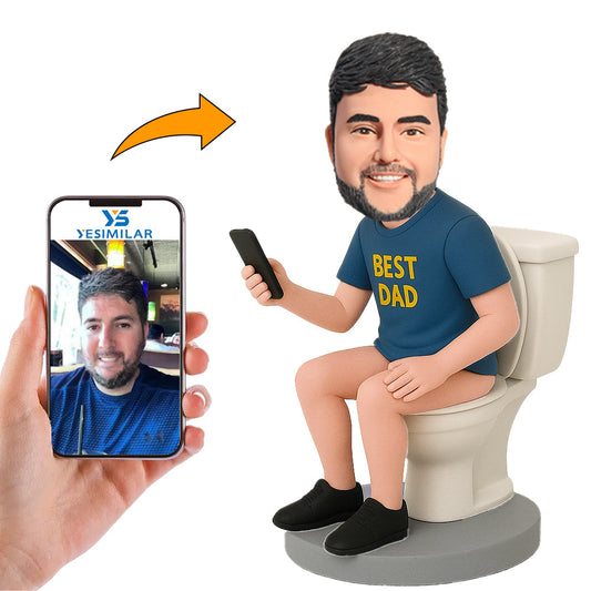 Handcraft Best Dad in Blue Clothes on Toilet Custom Bobbleheads