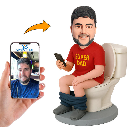 Handcraft Super Dad in Red Clothes Sit on Toilet Custom Bobbleheads