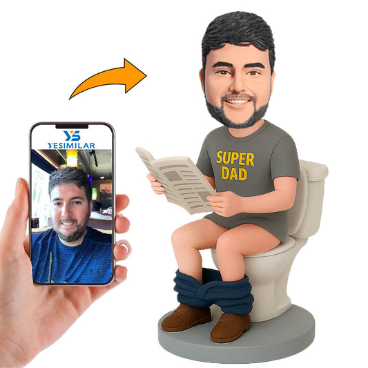 Handcraft Super Dad Reading Newspaper Sitting on Toilet Custom Bobbleheads