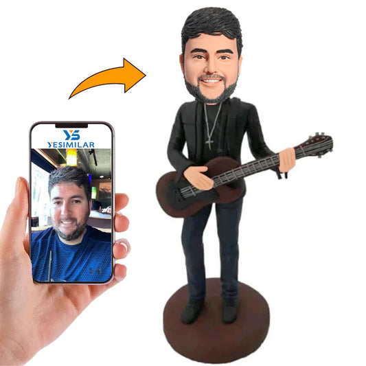 Guitarist Holding Brown Guitar Custom Bobbleheads