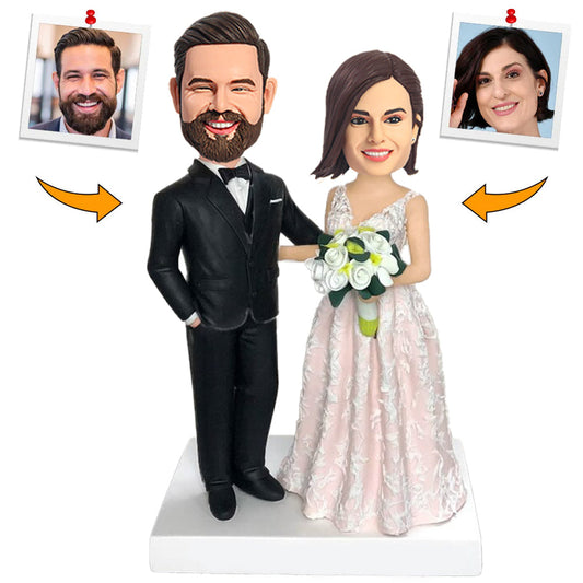 Couple in Black Suits and Wedding Dresses Custom Bobbleheads