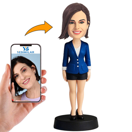 Handcraft Fashionable Female In Blue Clothes Custom Bobbleheadss