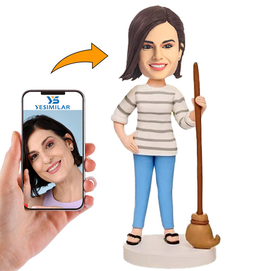 Handcraft Female Holding Broom Custom Bobbleheadss