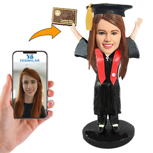 Handicraft Graduation Girl With Hands Raised Holding Diploma Custom Bobbleheads