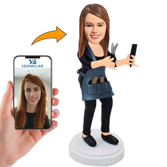 Handcraft Barber Woman Wearing an Apron Custom Bobbleheads