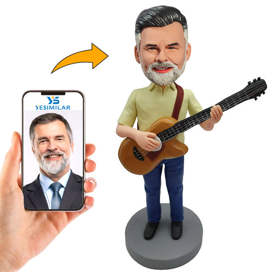 Male Playing Brown Guitar Custom Bobbleheads