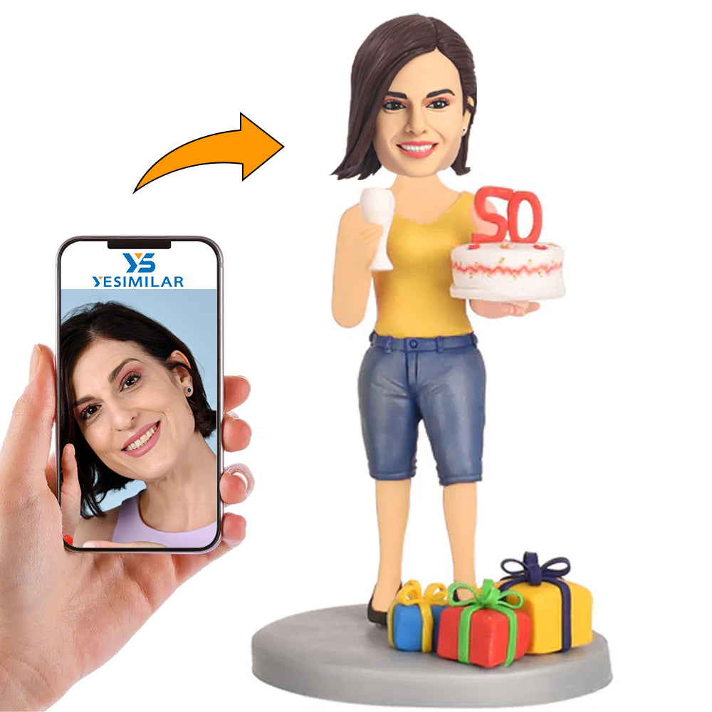 Happy Birthday Female Holding Cake Custom Bobbleheads