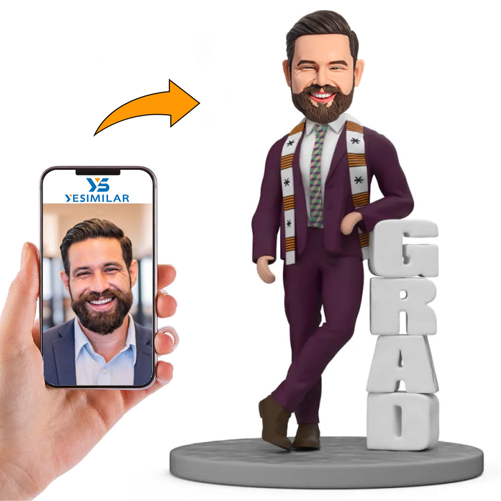 Handcraft Graduate Boy Leans On GRAD Custom Bobbleheads