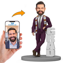 Handcraft Graduate Boy Leans On GRAD Custom Bobbleheads
