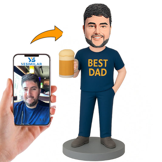 Dark Blue Outfit  Dad Holding Beer Custom Bobbleheads