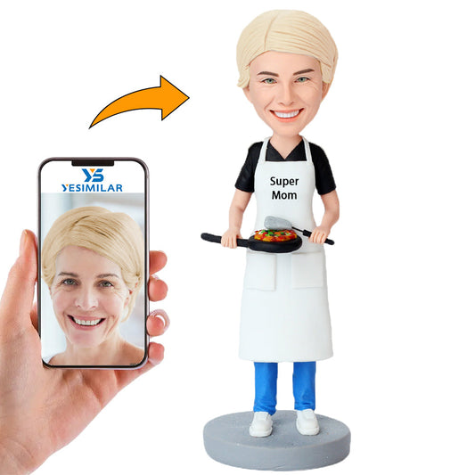 Handmade Woman Wearing Super Mom Apron Making Pizza Custom Bobbleheads