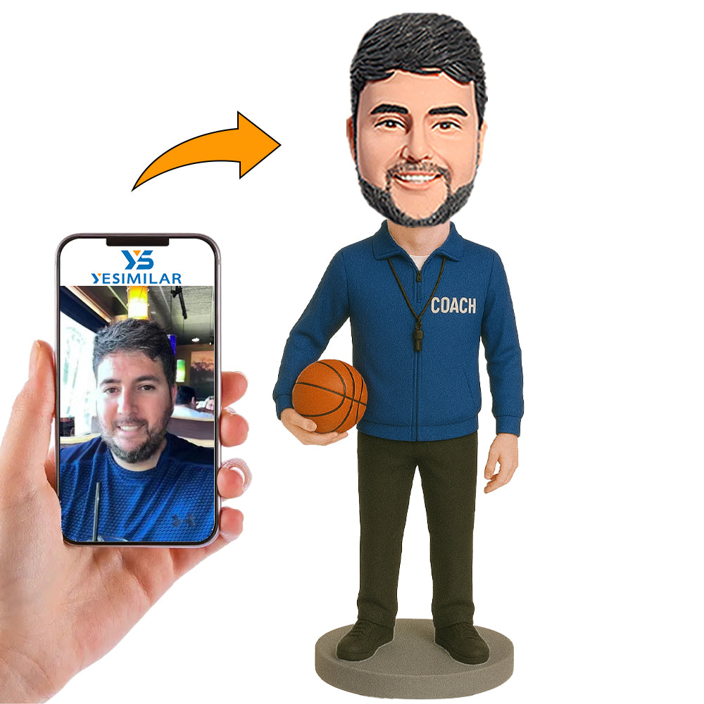 Blue Shirt Basketball Coach Custom Bobbleheads