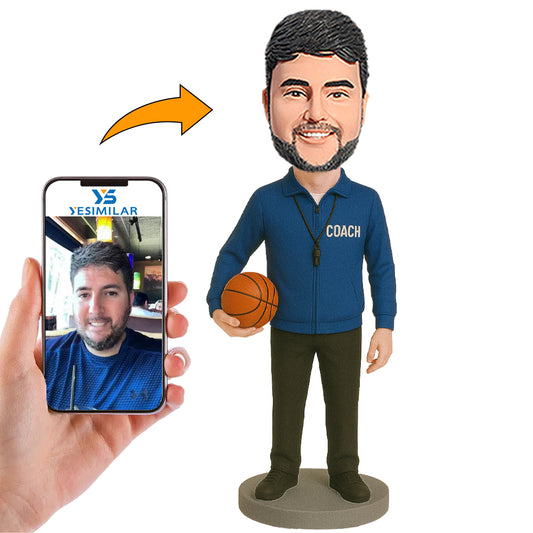 Blue Shirt Basketball Coach Custom Bobbleheads