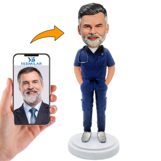 Male Doctor in Dark Blue Surgical Gown Custom Bobbleheads