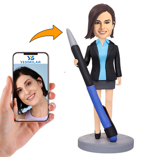 Woman Holding a Ballpoint Pen Custom Bobbleheads