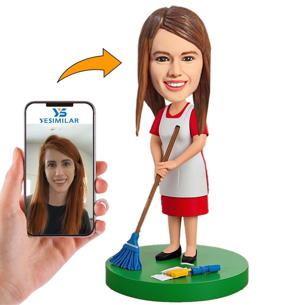 Handcraft Woman Sweeping The Floor With Broom Custom Bobbleheads