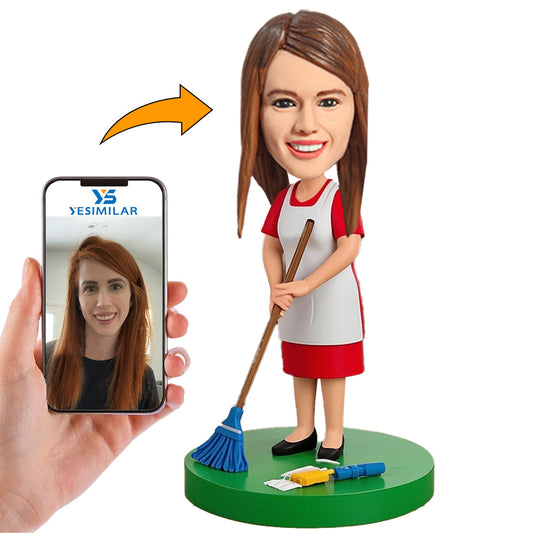 Handcraft Woman Sweeping The Floor With Broom Custom Bobbleheads