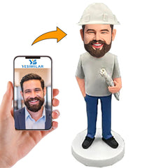 Handmade Engineer Wearing Hard Hat Holding Blueprints Custom Bobbleheads