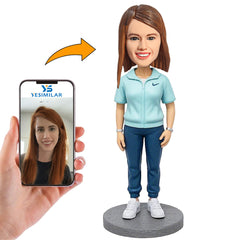 Handcraft Woman Wearing Blue Nike Shirt Custom Bobbleheads